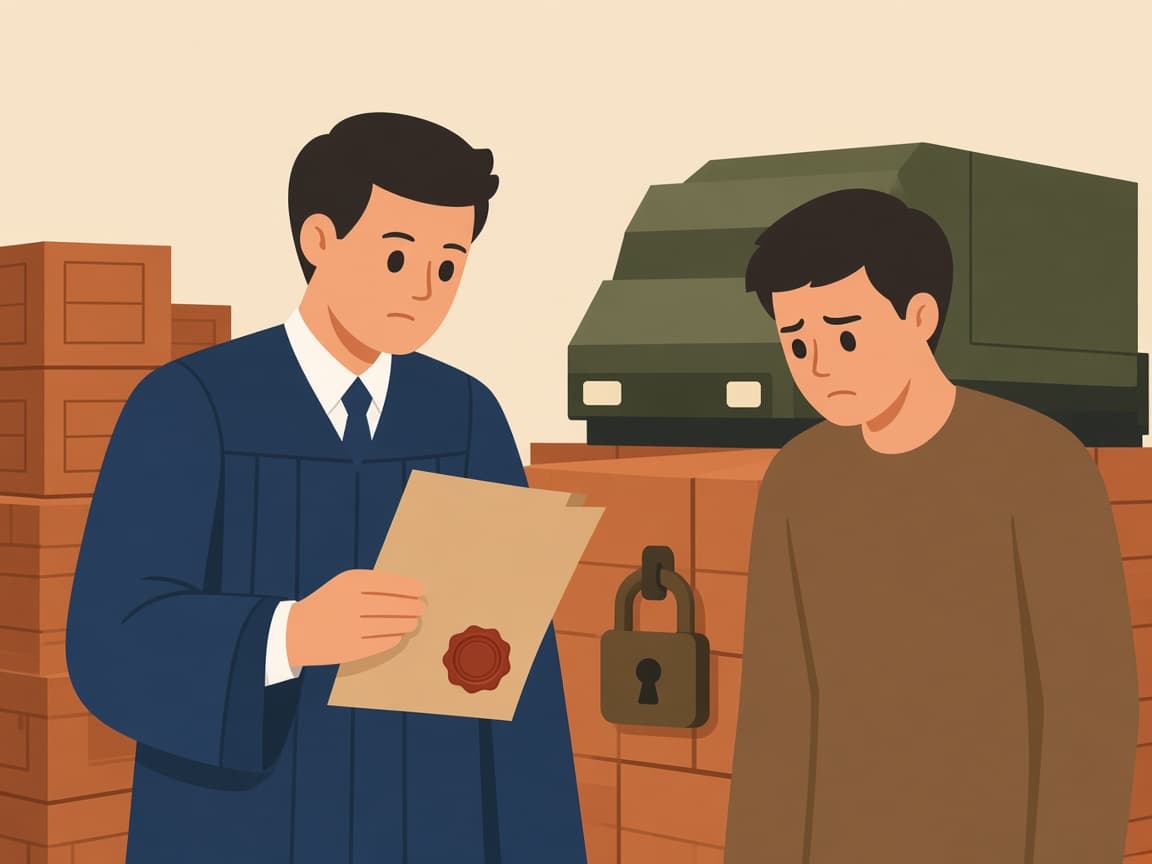 Depodaki kilitli malların önünde işletmeci ve avukat