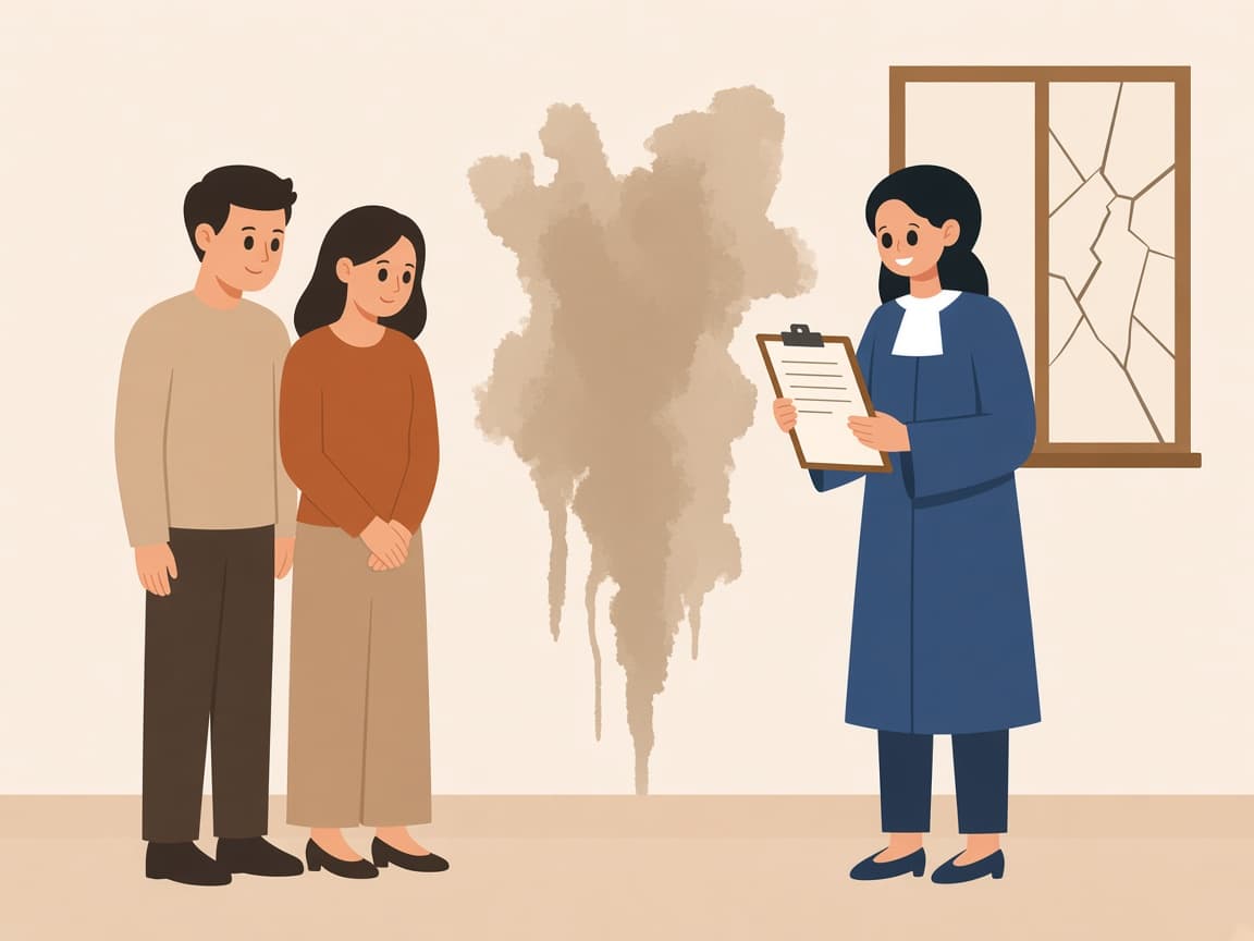 Rutubetli duvar ve çatlak camın önünde alıcı çift ile avukat