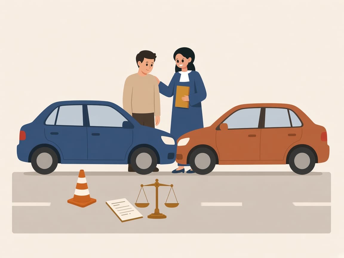 Kaza yapmış iki araç arasında avukat, sürücüyü teselli ediyor; yolda trafik konisi, rapor ve terazi