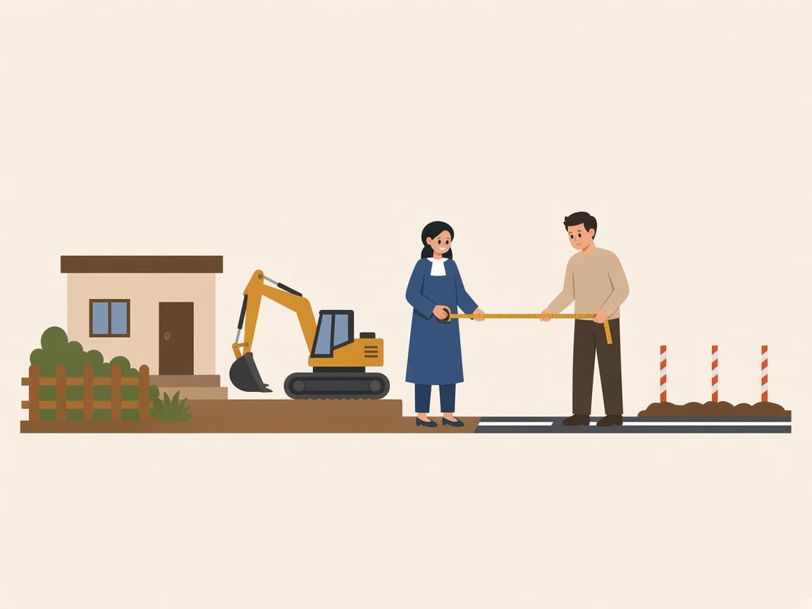 Yol genişletme çalışmasında iş makinesi; ev sahibi ve avukat mesafeyi ölçüyor