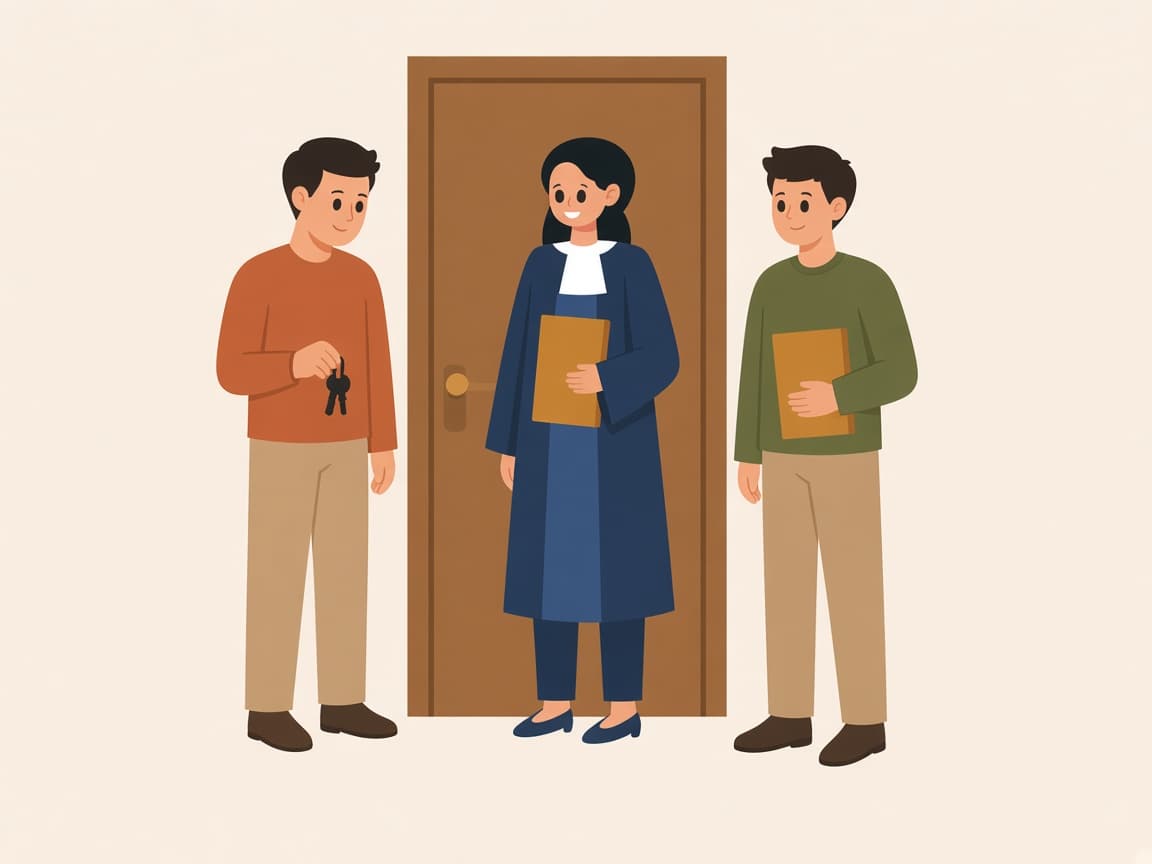 Yeni malik, anahtarlı kiracı ve avukat apartmanın önünde
