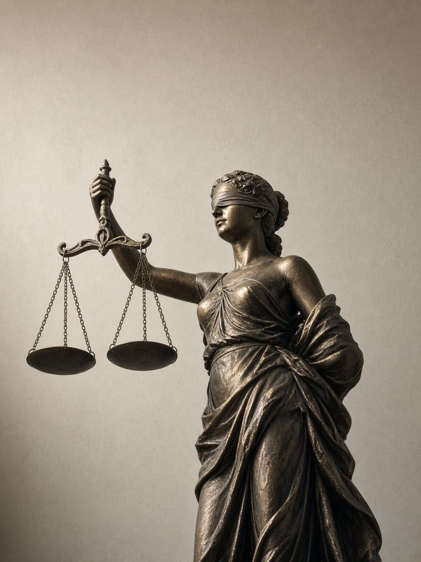 Gözleri bağlı, elinde terazi tutan bronz Themis heykeli